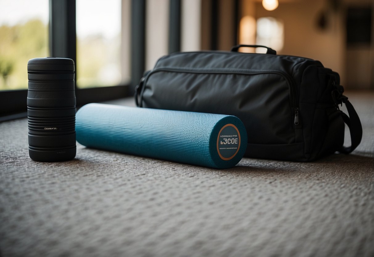 A foam roller sits on the floor next to a camera bag. A journal with "7 Tips for Managing Sore Muscles After Photography Trips" is open next to it