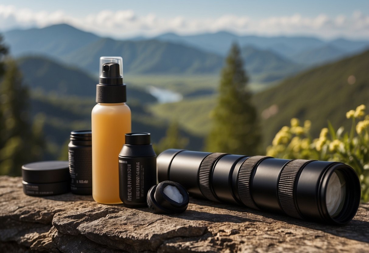 A photographer's gear laid out next to a bottle of muscle cream and a foam roller, surrounded by a scenic landscape backdrop