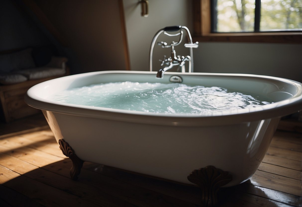 A bathtub filled with Epsom salt, a camera, and a tripod nearby. Aching muscles are soothed as the photographer relaxes in the warm, healing water