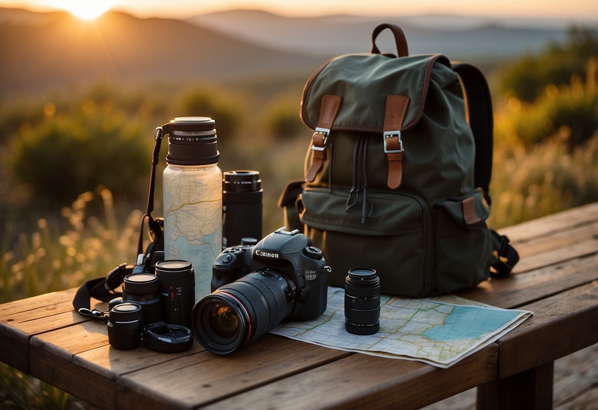 A photographer's backpack lies open, filled with camera equipment. Nearby, a map and water bottle sit on a table. The sun sets in the distance, casting a warm glow over the scene