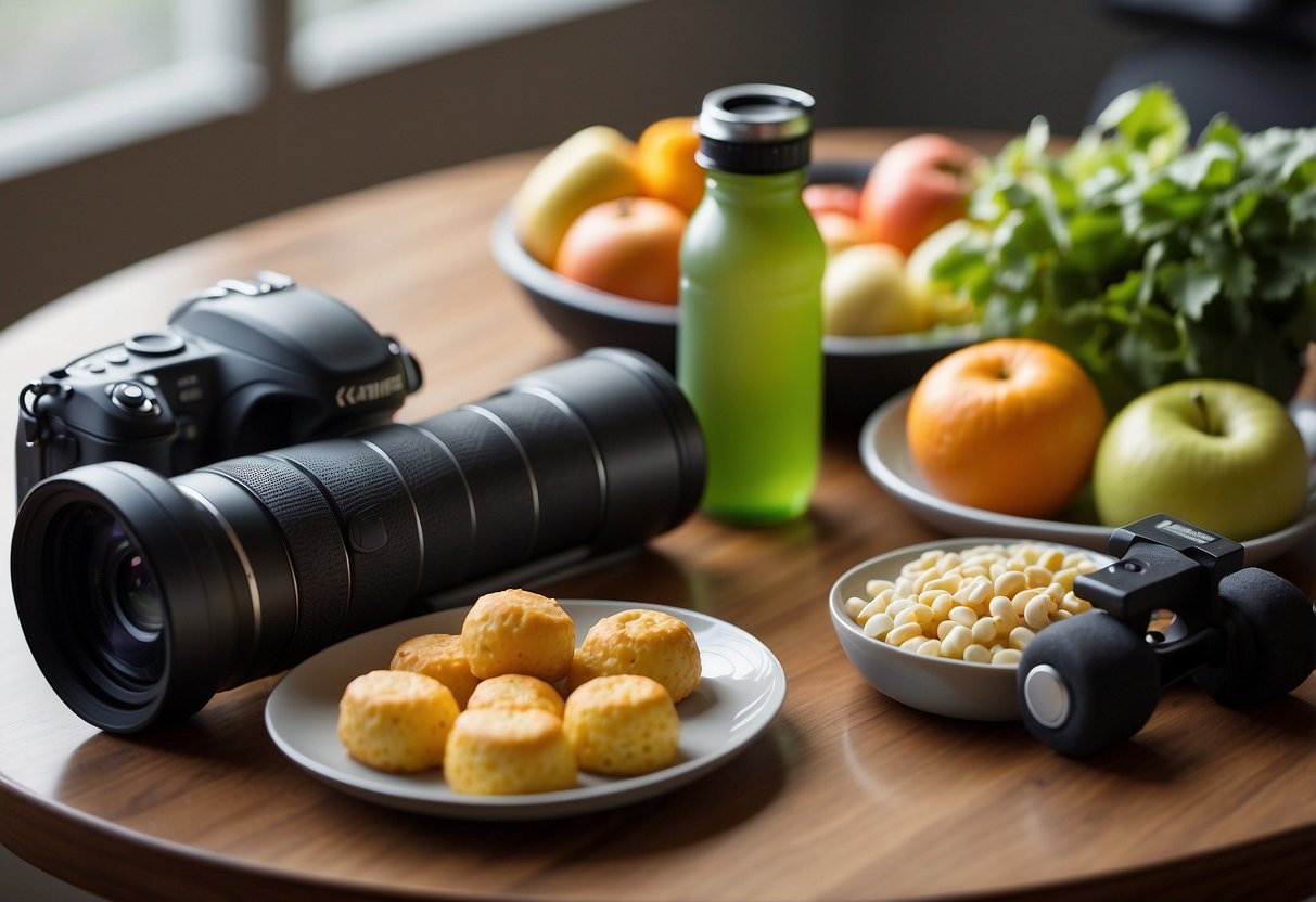 A photographer's gear laid out neatly with a foam roller and stretching band nearby. A water bottle and healthy snacks on a table