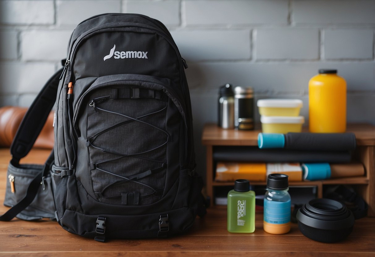 A photographer's backpack sits open on a table, with a foam roller and resistance bands spilling out. A water bottle and protein bar are nearby, along with a notebook filled with recovery tips