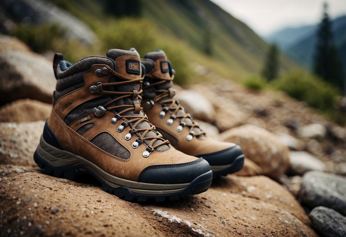 A pair of sturdy hiking boots on a rugged, rocky terrain with dirt, pebbles, and uneven surfaces