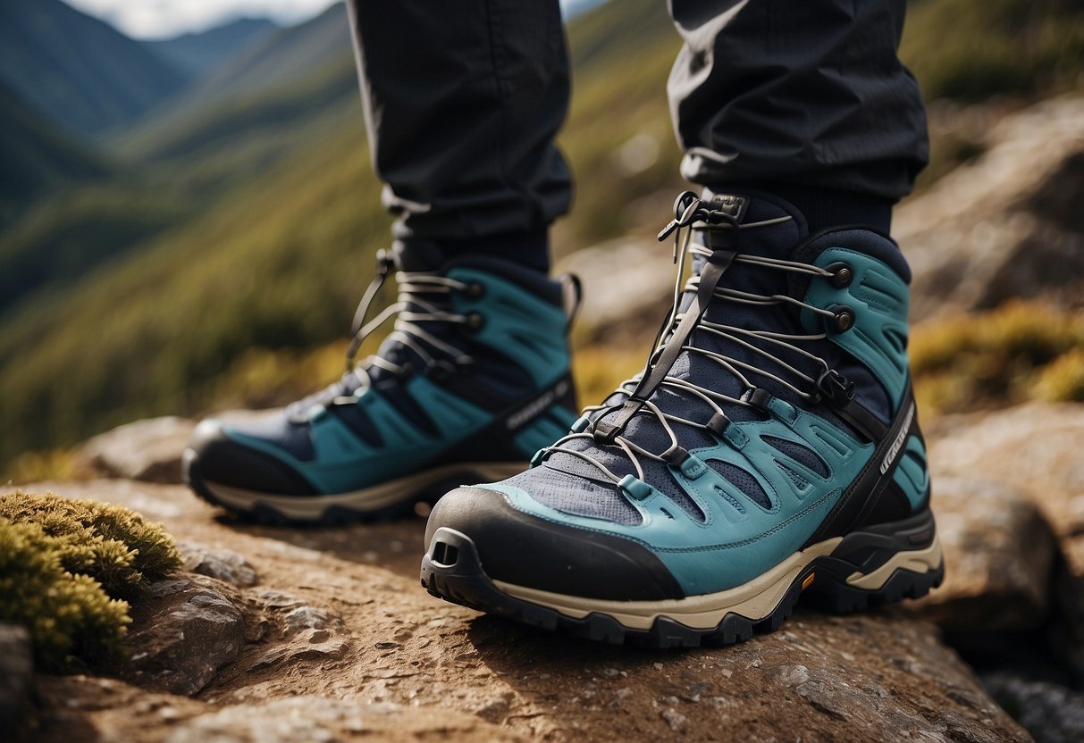 A rugged trail with rocky terrain, featuring the Salomon X Ultra 3 GTX shoes in action