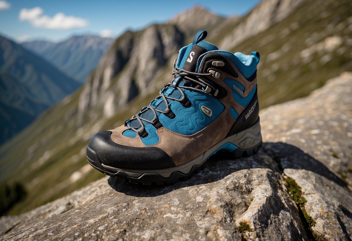 A pair of Scarpa Men's Zodiac Plus GTX shoes sits atop rugged, rocky terrain, surrounded by jagged peaks and a clear blue sky