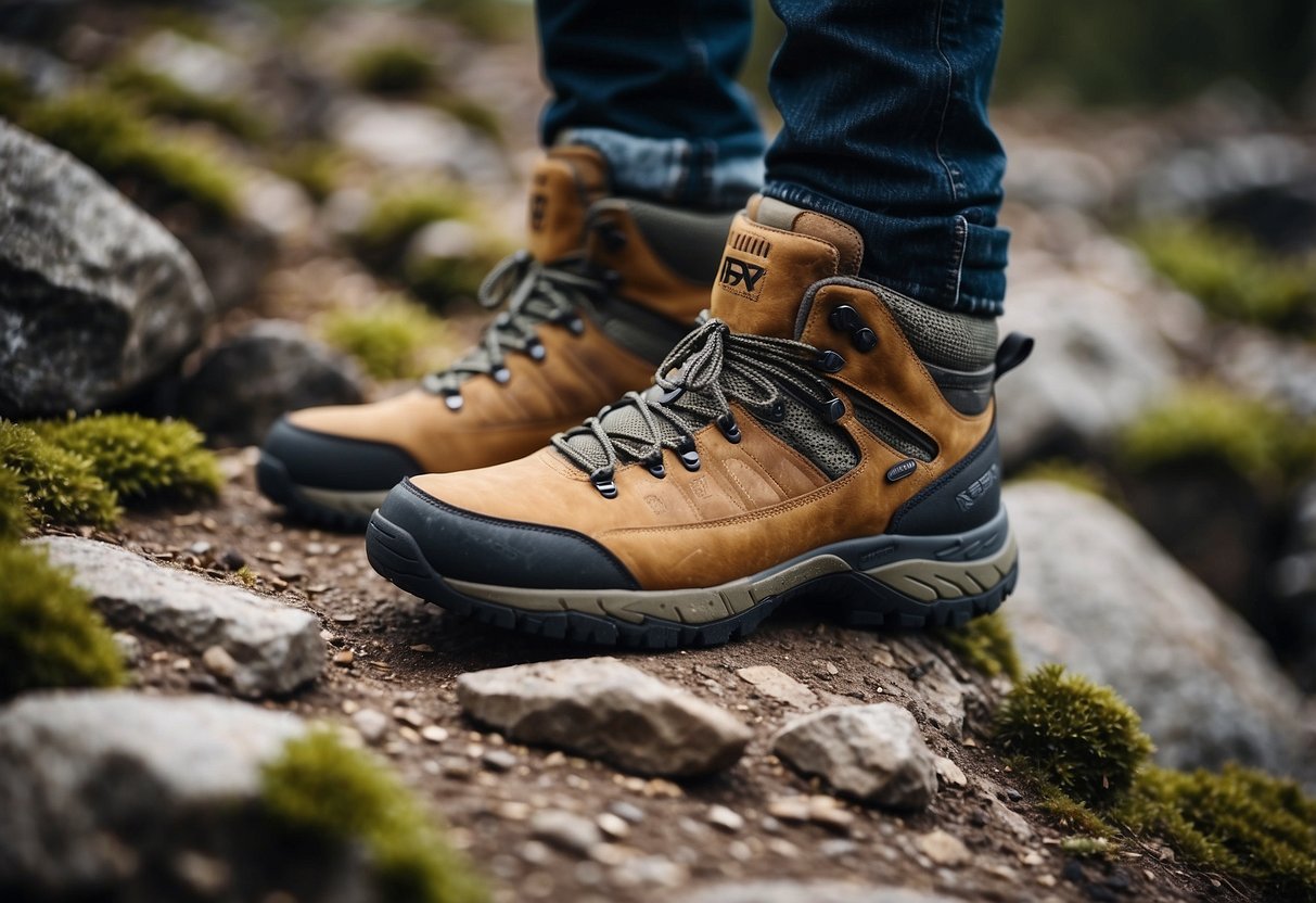 A rugged, rocky terrain with various textures and uneven surfaces. Focus on durable, supportive footwear with good traction. Include elements such as rocks, dirt, and vegetation