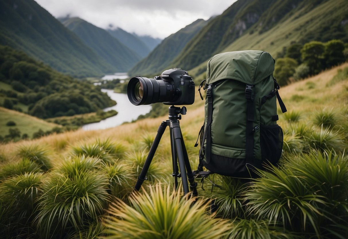 Lush greenery surrounds a camera, tripod, and backpack in a serene New Zealand landscape. Mountains, waterfalls, and wildlife create a picturesque backdrop