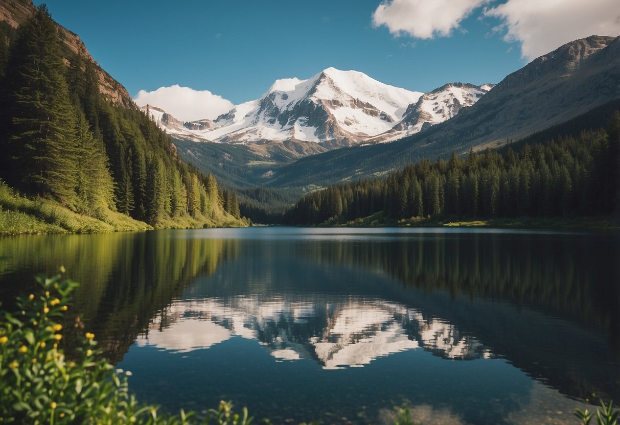 Lush greenery surrounds a tranquil lake, framed by snow-capped mountains. A rainbow arcs across the sky, adding a pop of color to the serene landscape