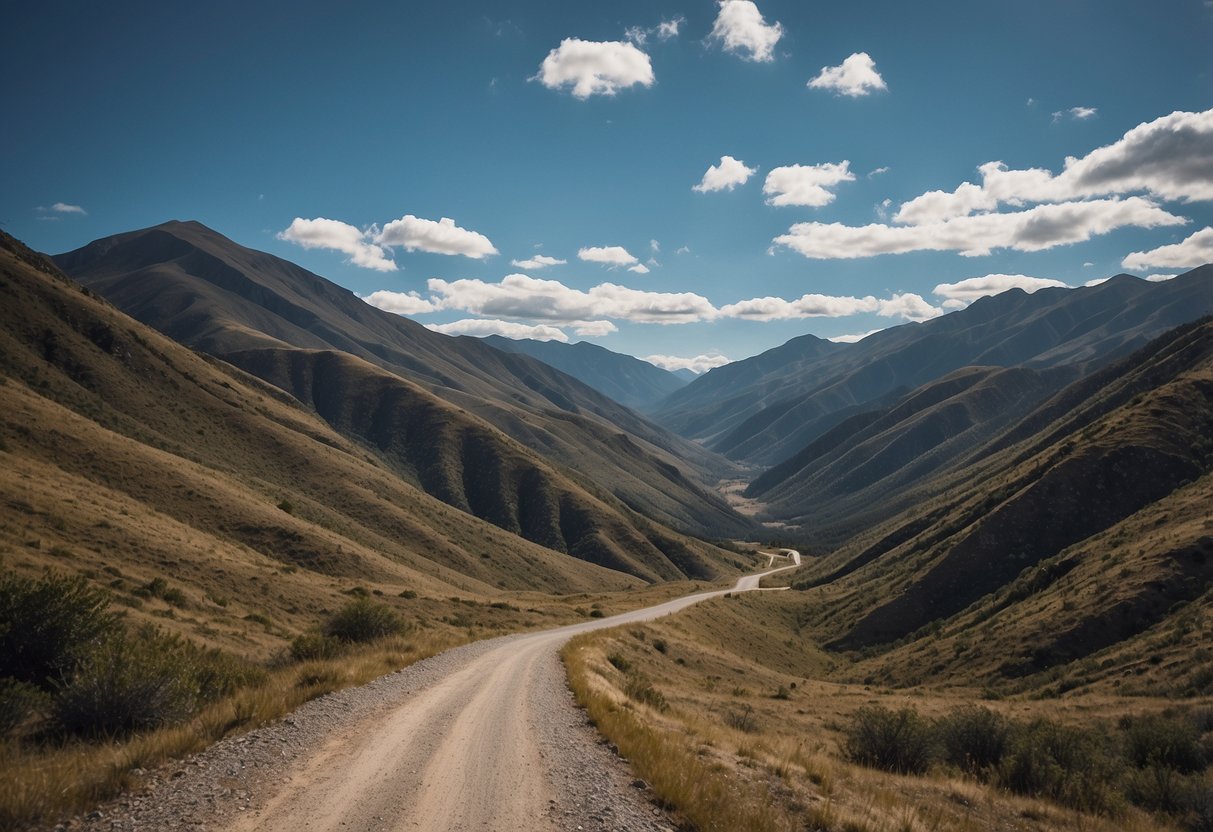 A rugged landscape with a winding dirt road leading into the distance, surrounded by towering mountains and dense forests. A clear blue sky with wispy clouds overhead, and a sense of isolation and adventure