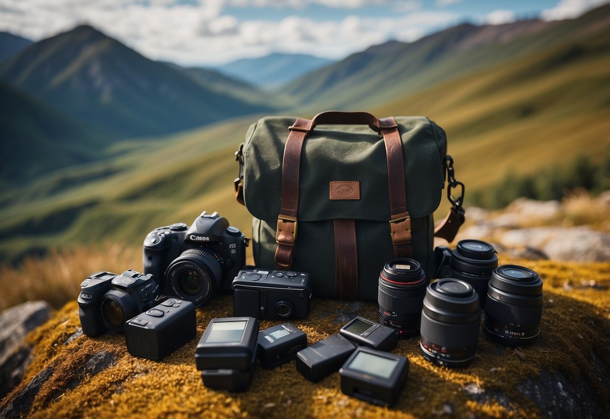 A rugged landscape with a camera bag, extra batteries, and memory cards scattered on the ground, surrounded by vast, untouched nature