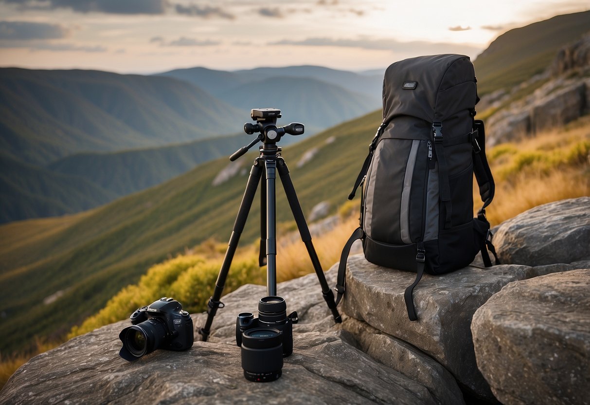 A camera bag and tripod are set up on rocky terrain, with a stunning remote landscape in the background. The equipment is securely fastened to prevent any mishaps while capturing the natural beauty