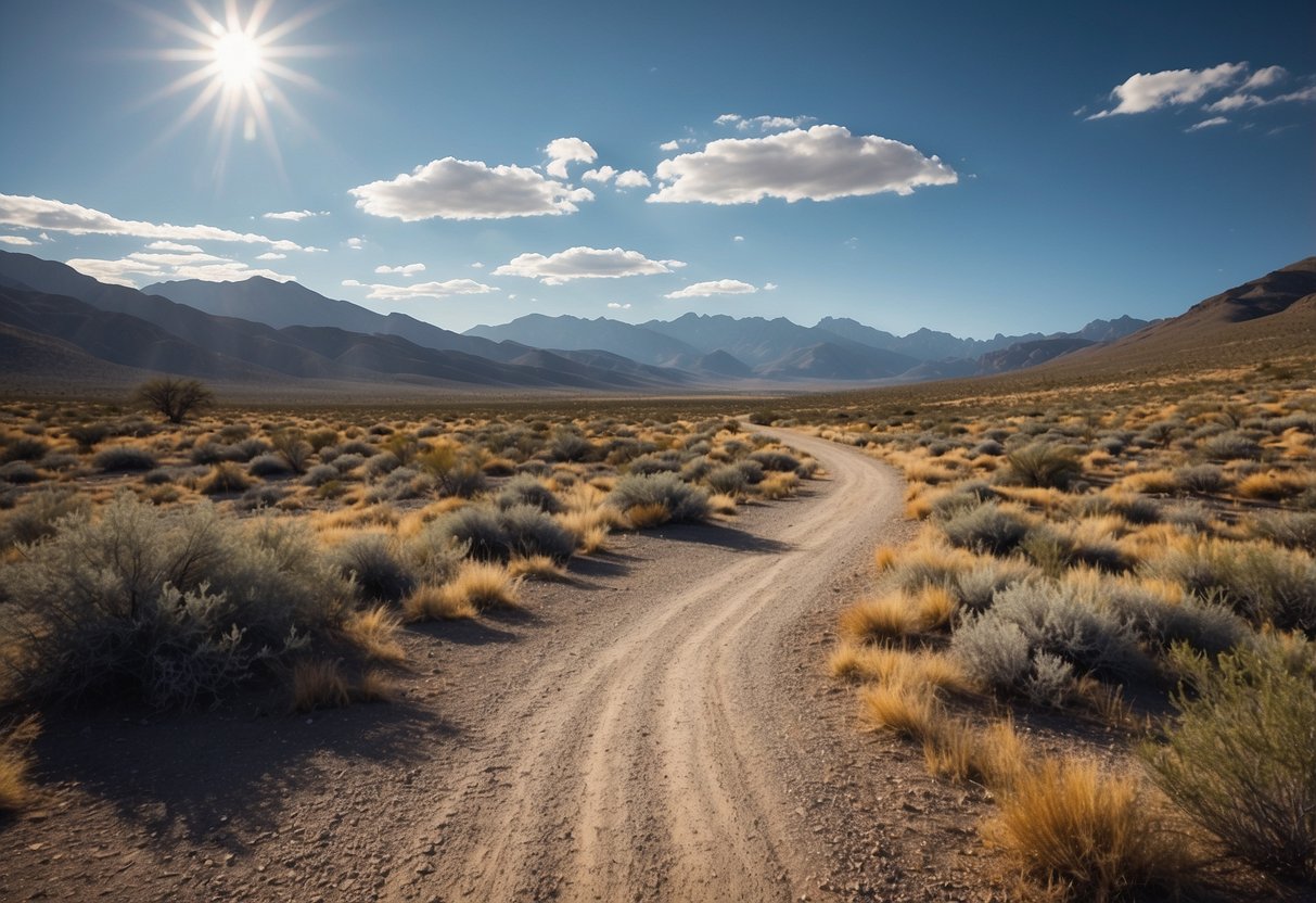 A rugged landscape with a winding dirt road leading into the distance, surrounded by mountains and sparse vegetation. The sky is a vibrant blue with fluffy white clouds, and the sunlight casts long shadows across the terrain