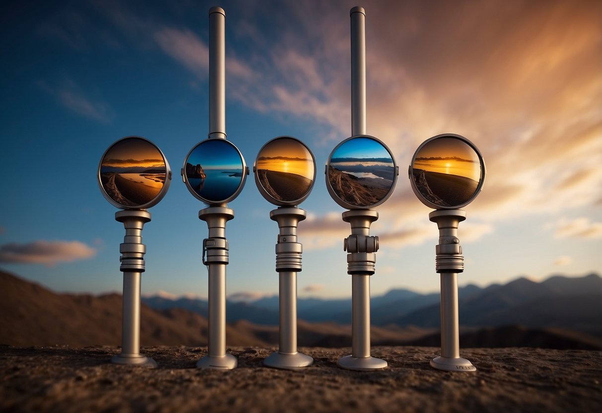 Five photography poles arranged in a row, varying in length and color. Each pole is made of lightweight material and has a camera mount on top