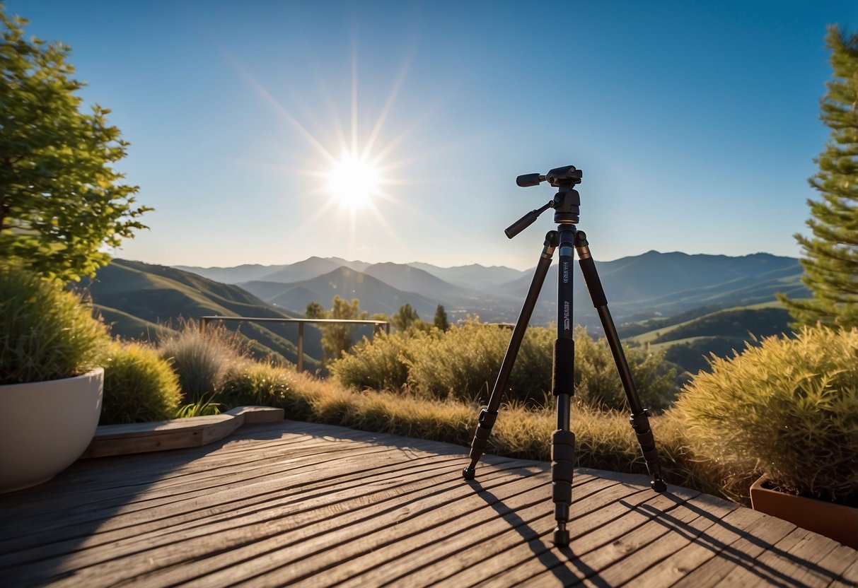 A sunny outdoor setting with Leo 2.0 tripod standing tall, surrounded by picturesque landscapes. Clear blue skies and vibrant colors enhance the lightweight and durable design