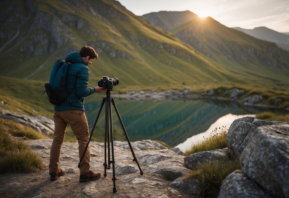 A photographer sets up a lightweight pole in a scenic outdoor location. The pole is compact and easy to carry, making it ideal for capturing stunning shots in remote areas