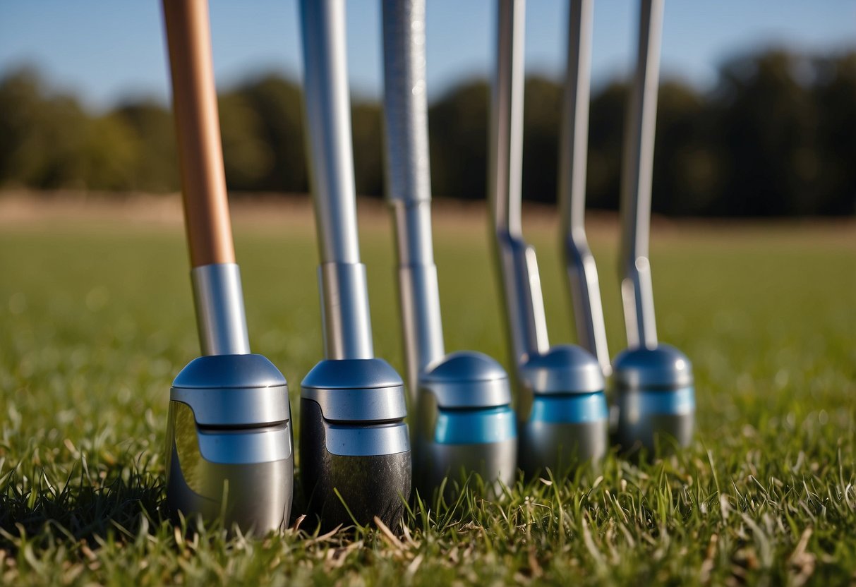 A sunny outdoor setting with a clear blue sky, showcasing five different lightweight photography poles standing upright on a grassy field