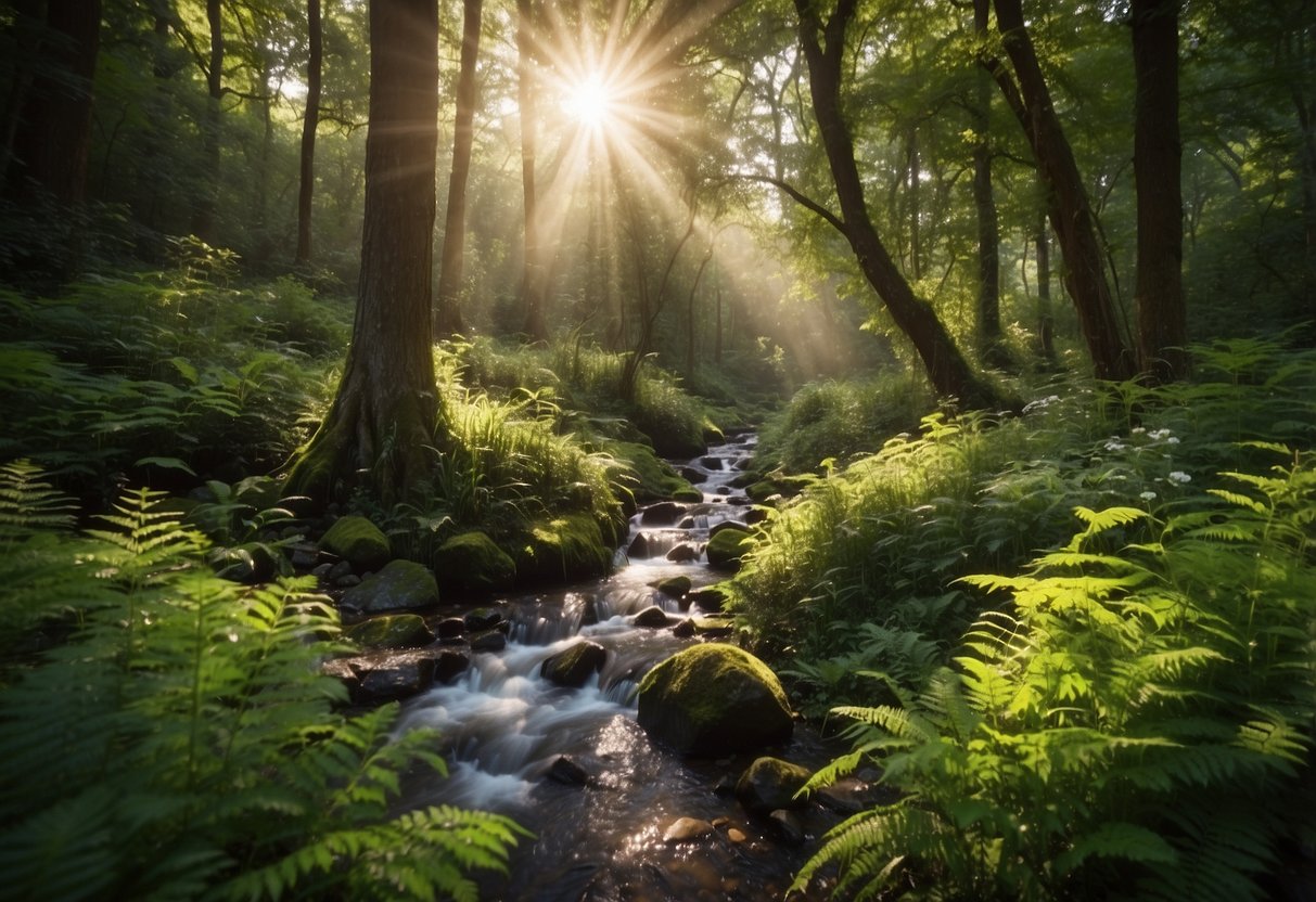 Lush green forest with sunlight streaming through the canopy, a bubbling stream, vibrant wildflowers, and a diverse range of wildlife