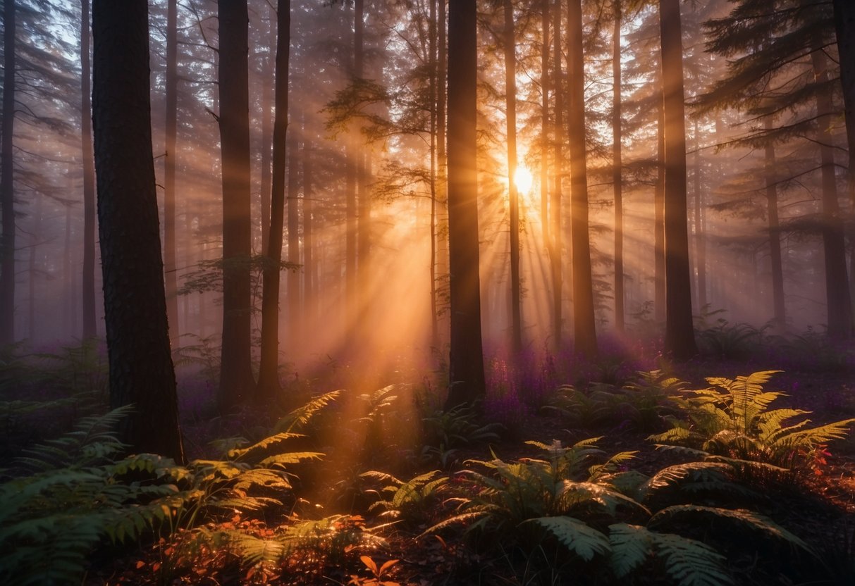 The sun rises over a dense forest, casting warm light on the trees and creating long shadows. The sky is painted with vibrant hues of orange, pink, and purple, while the forest floor is covered in a blanket of mist