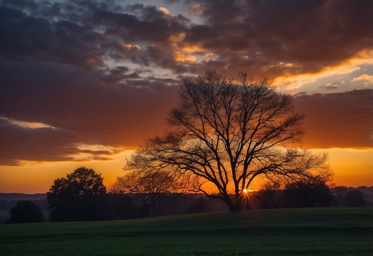 Silhouetted trees against a vibrant sunset sky. Branches reach out, creating striking patterns. Peaceful and serene, a perfect scene for nature photography