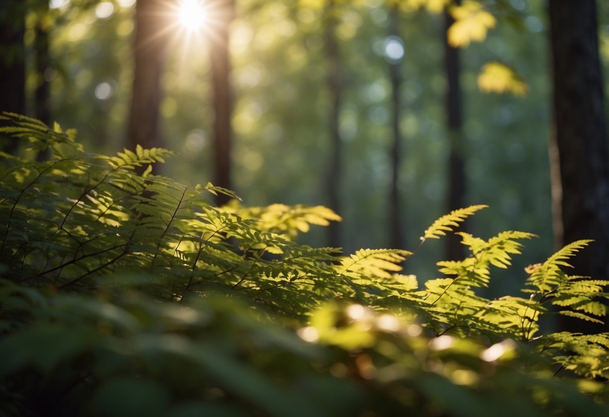 A serene forest with vibrant leaves changing colors, sunlight streaming through the branches, and a gentle breeze rustling the foliage