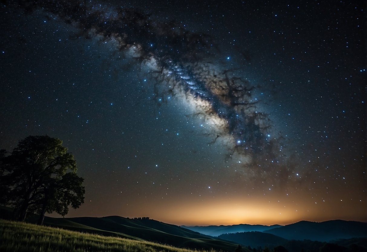 Vast night sky over rolling hills, with bright stars and distant galaxies visible. Silhouettes of trees and a peaceful, serene atmosphere