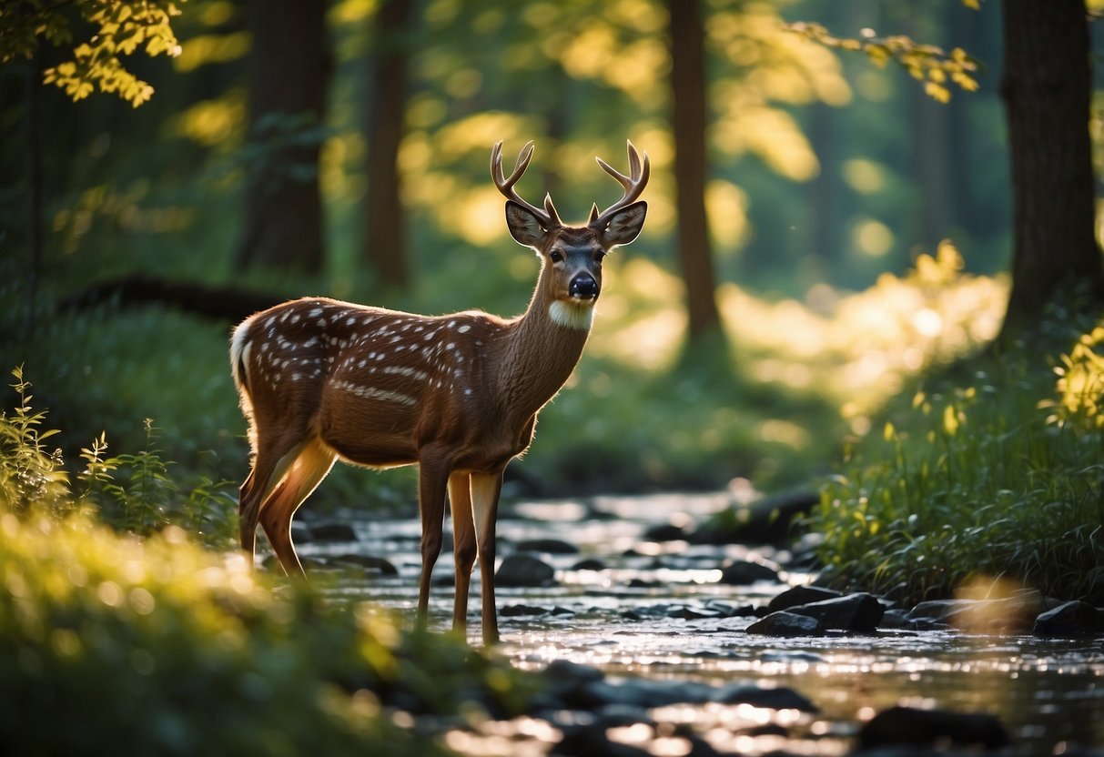 A deer grazing in a sun-dappled forest clearing, with a small stream in the background and birds flitting through the trees