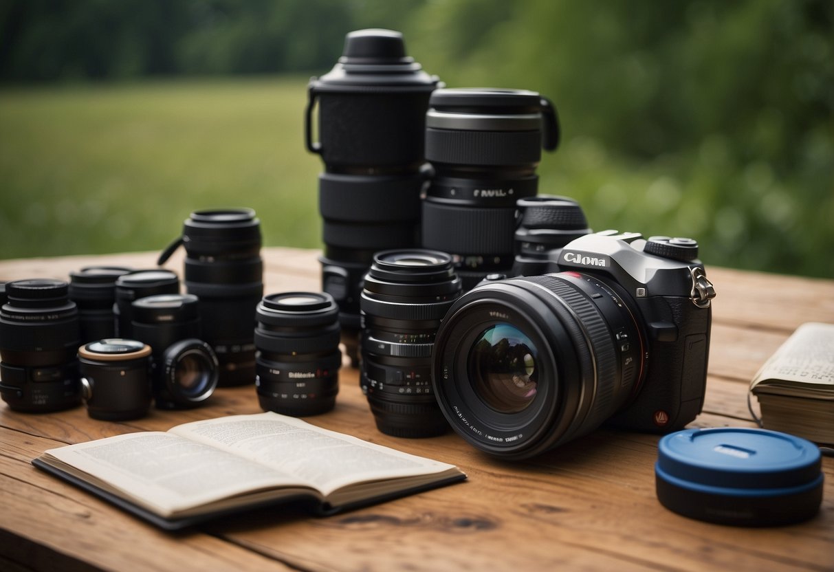 A camera, lens, and tripod lay on a wooden table surrounded by maps, field guides, and a notebook. A backpack is packed with water, snacks, and extra batteries