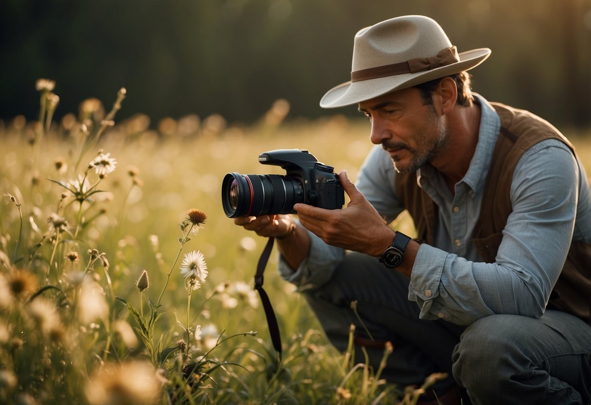 A photographer kneels in a field, camera in hand, as insects buzz around. They wear a hat and long sleeves, using bug spray and a net to protect themselves