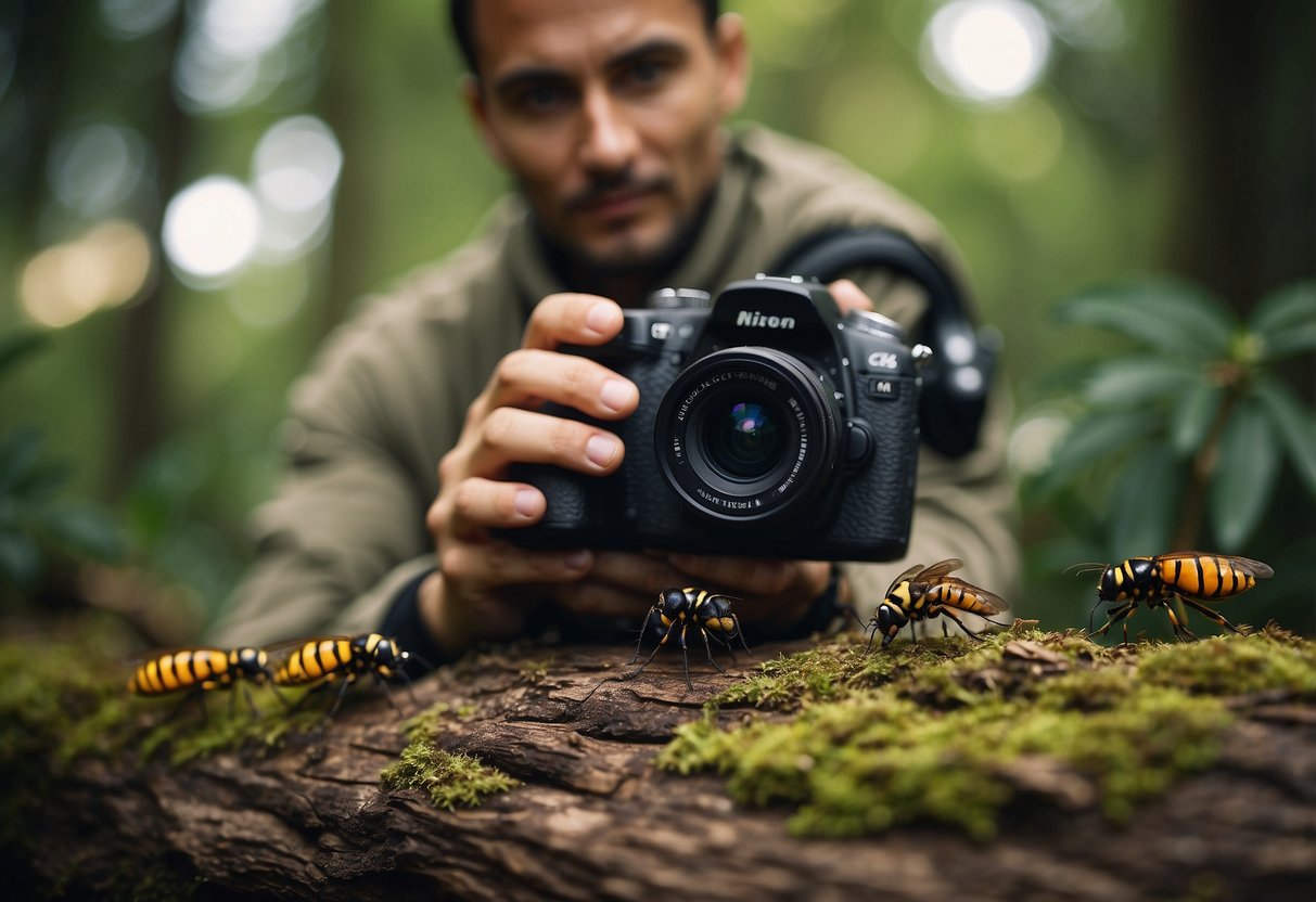 A person wearing long sleeves and pants, holding a camera, surrounded by various insects