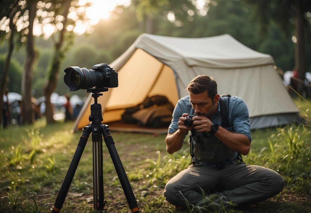 A photographer sets up a camera near a tent with a mosquito net hanging over it. Insects buzz around as the photographer prepares to take a picture