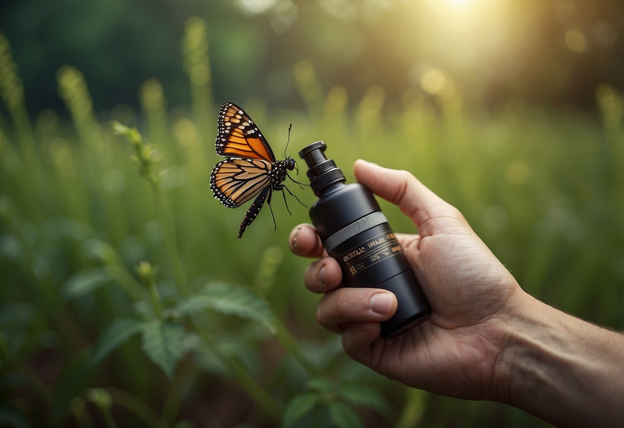 A photographer holds a camera, surrounded by insects. A bottle of insect repellent sits nearby. The air is filled with the scent of citronella and the buzzing of insects