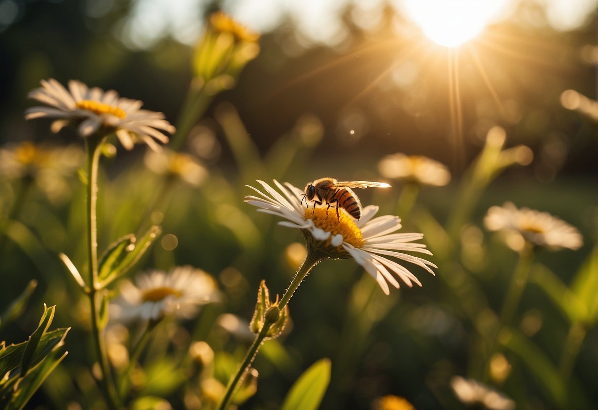 A golden hour landscape with insects buzzing around flowers and foliage. Sunlight casts long shadows, creating a warm and inviting atmosphere