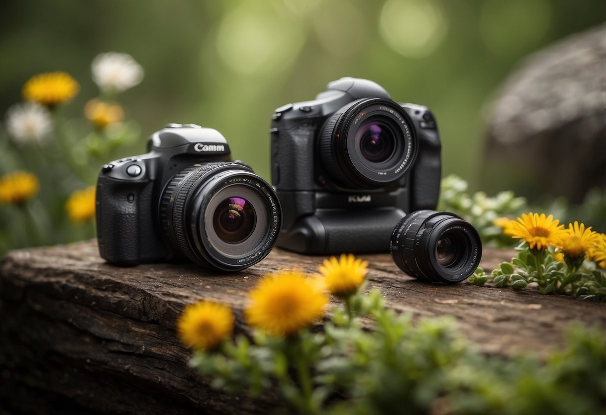 Camera, lens, and tripod arranged neatly. Insects buzzing around, some on flowers and leaves. Bug spray and cleaning supplies nearby