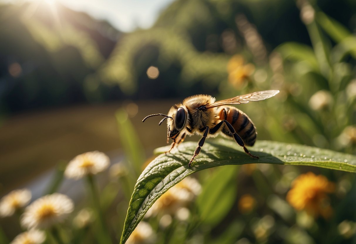 In a garden, a bee hovers near a flower while a butterfly flutters nearby. Ants march in a line, and a spider waits in its web. A beetle climbs a leaf, and a dragonfly darts over a pond