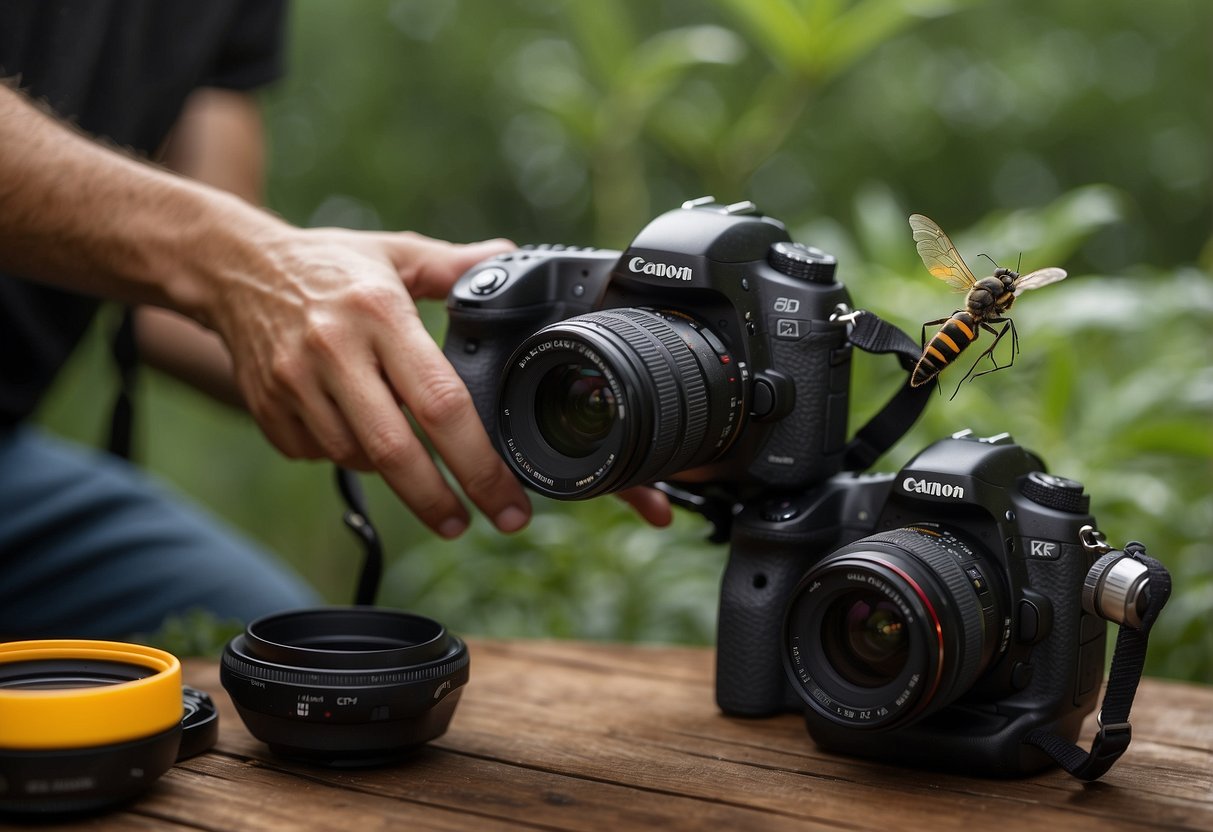 A photographer sets up camera gear, wearing insect repellent. Insects buzz around, but the photographer remains focused on the task at hand