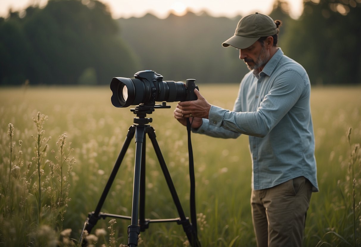 A photographer sets up a tripod in a field, surrounded by insect repellent candles and wearing long sleeves and pants. A mosquito net covers the camera, and a small fan blows insects away