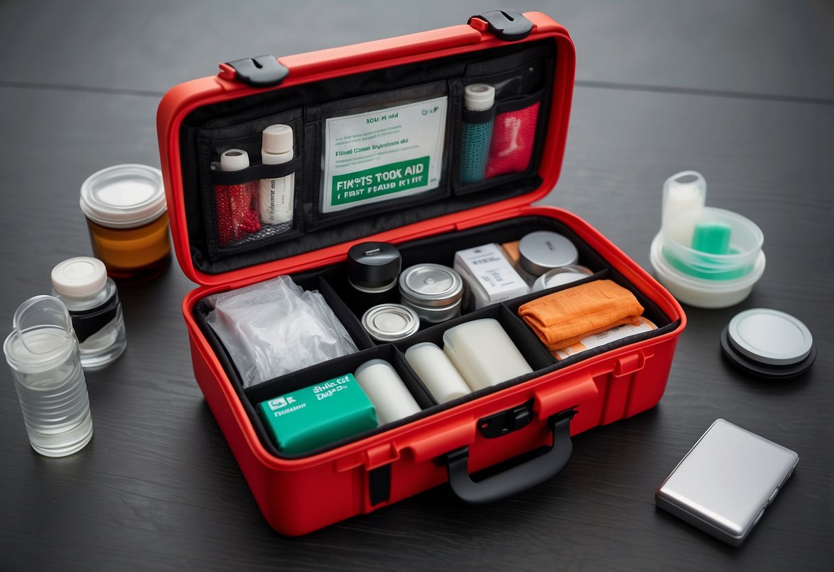 A photographer's first aid kit sits open, with compact supplies neatly organized inside. It is lightweight and portable, perfect for on-the-go use