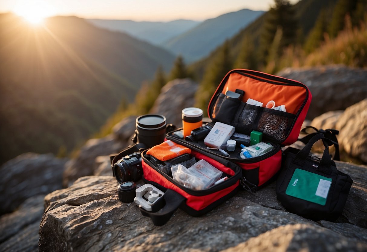 A compact first aid kit sits atop a rocky cliff, surrounded by camera gear and outdoor equipment. The sun sets behind a mountain peak in the background, casting a warm glow over the scene