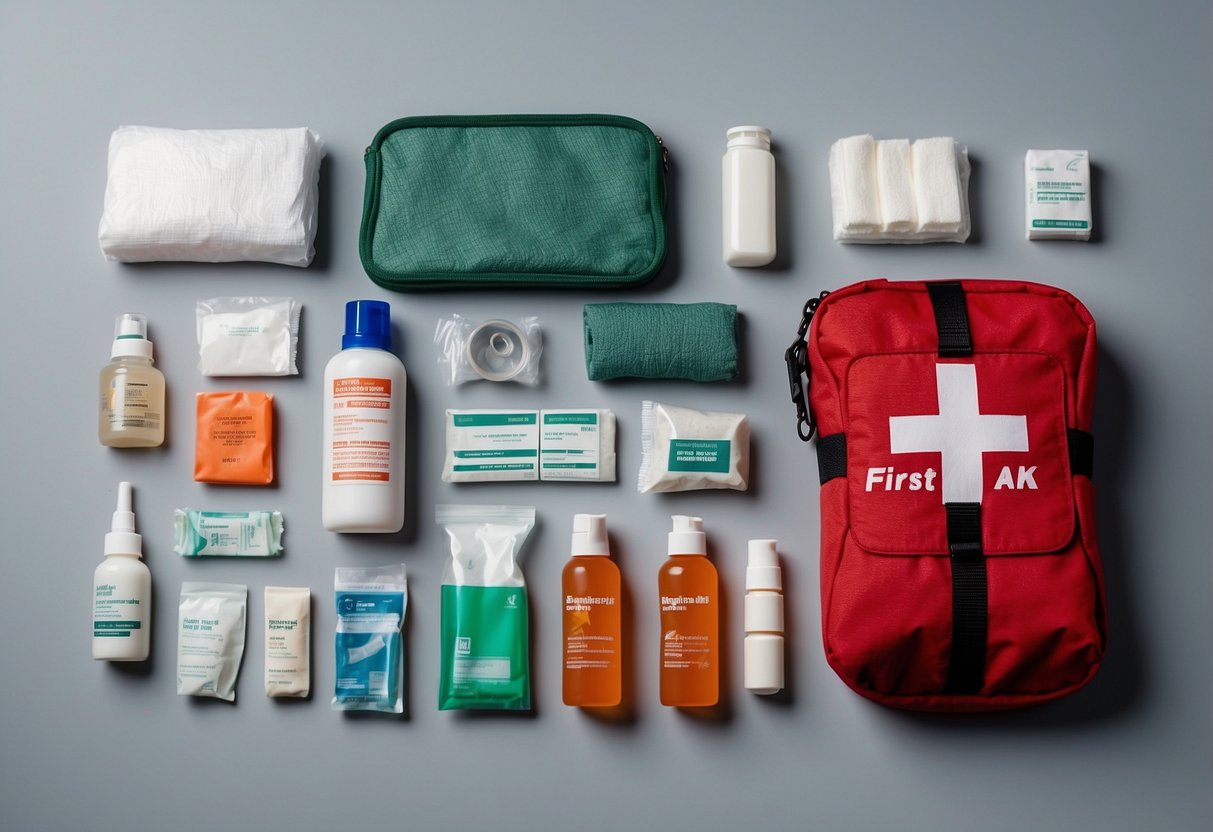 A compact first aid kit with essential supplies laid out on a flat surface, including bandages, gauze, scissors, and antiseptic wipes