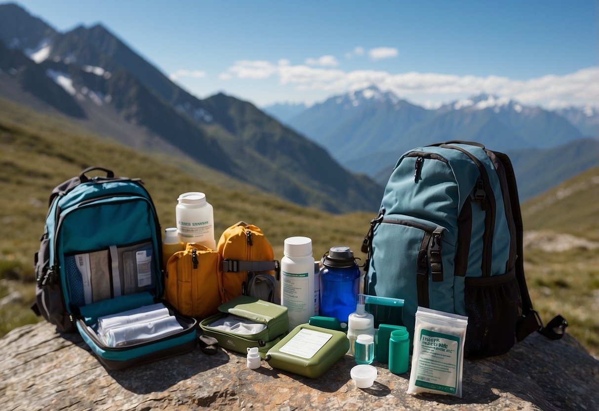 A hiker's backpack open, revealing a compact first aid kit with various supplies, set against a backdrop of mountain peaks and a clear blue sky