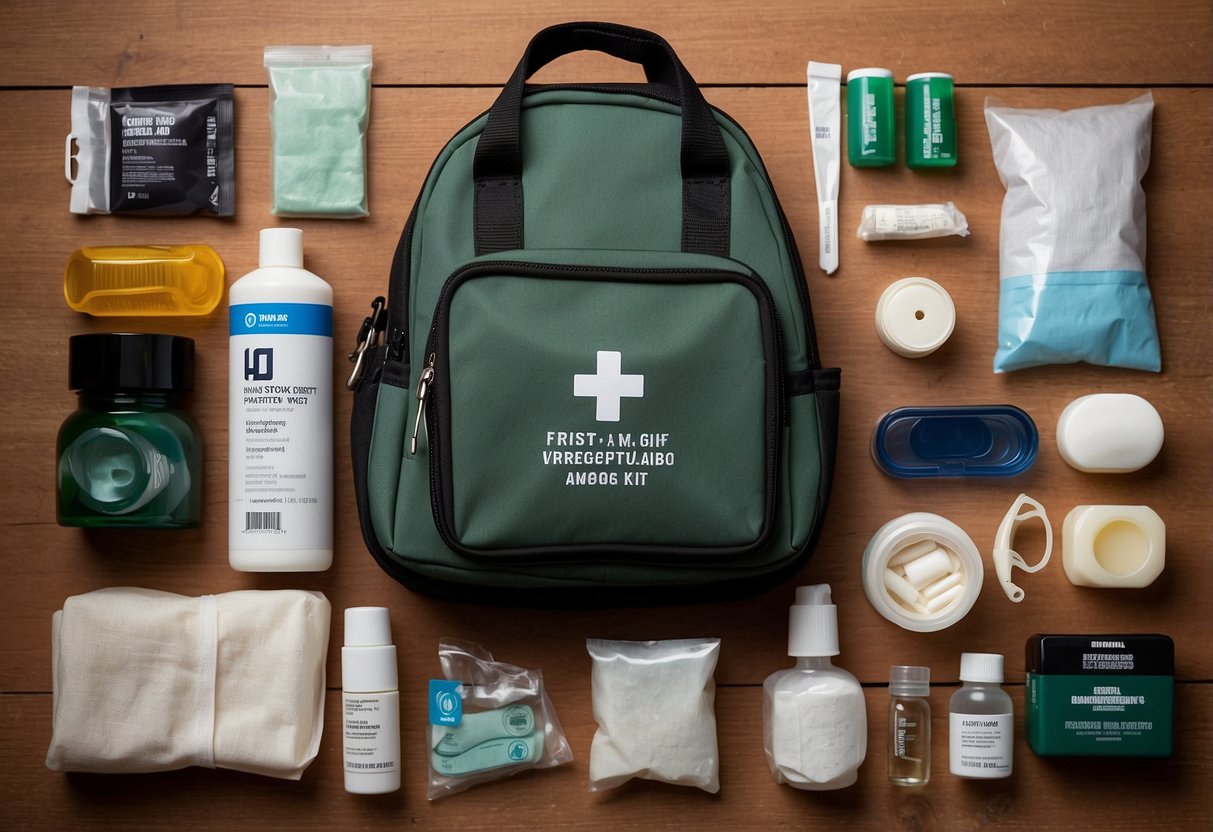 A photographer's lightweight first aid kit laid out with essential items like bandages, antiseptic wipes, and pain relievers. Compact and portable for on-the-go use