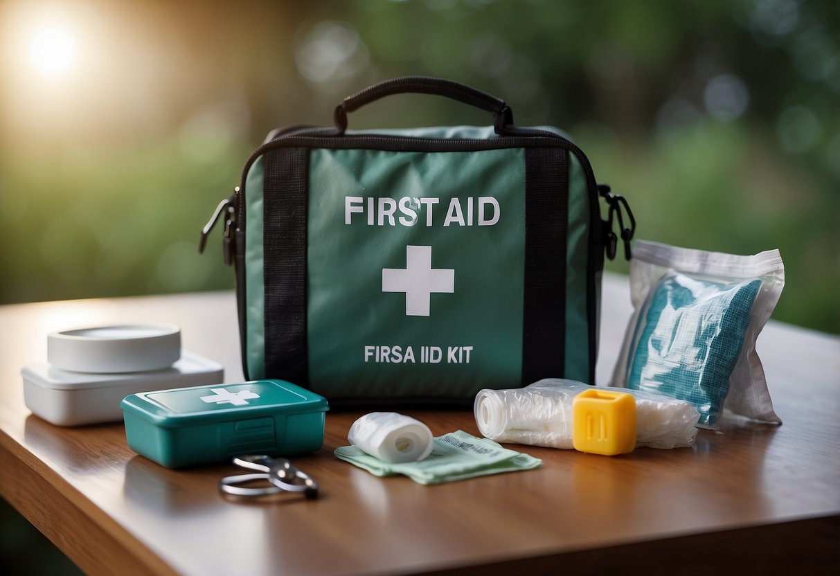 A compact first aid kit open on a table, containing bandages, antiseptic wipes, scissors, and medical tape. Camera equipment visible in the background