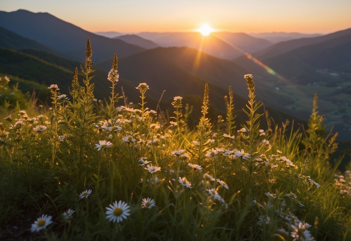 Lush greenery and vibrant wildflowers adorn the rolling hills of a national park. The sun sets behind majestic mountains, casting a warm glow over the serene landscape