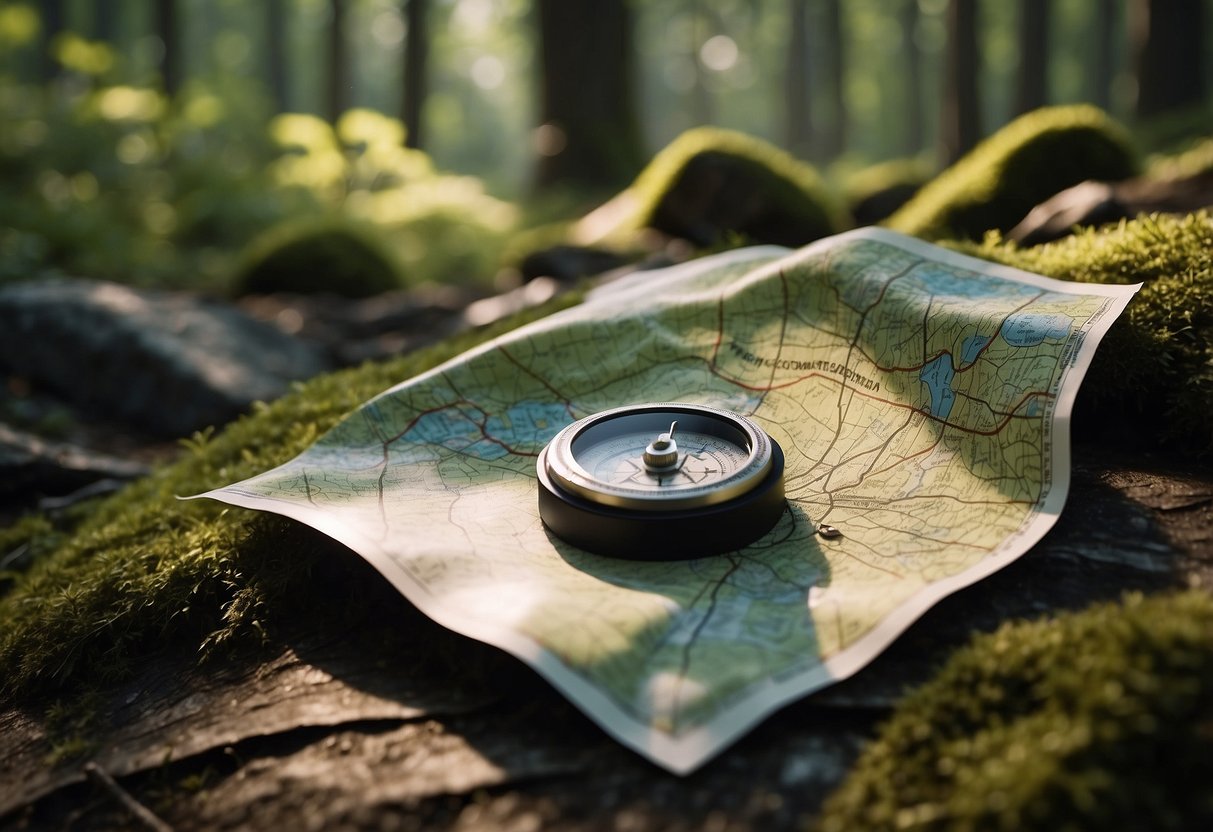 A map and compass lie on a flat rock in a lush forest clearing, with dappled sunlight filtering through the trees. The map is spread out, and the compass sits next to it, pointing north