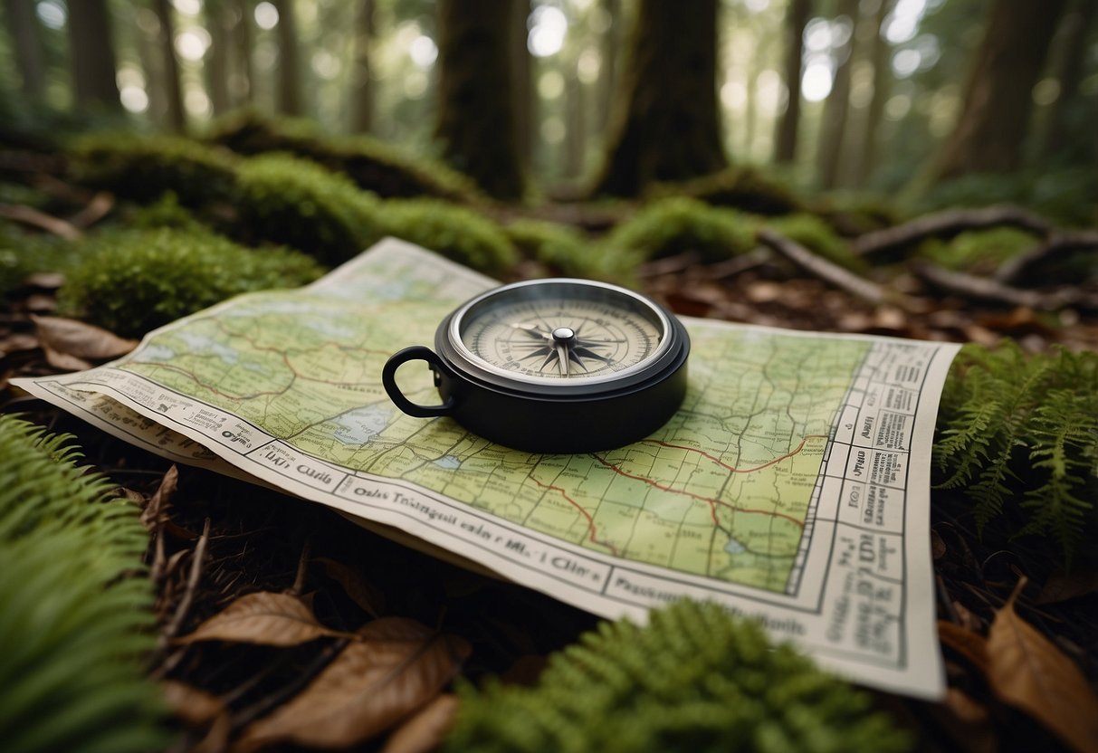 A map and compass lie on a mossy forest floor, surrounded by ferns and fallen leaves. Sunlight filters through the trees, casting dappled shadows on the ground