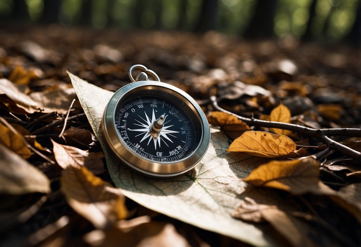 A map and compass lay on the forest floor, surrounded by fallen leaves and branches. Sunlight filters through the trees, casting dappled shadows on the ground