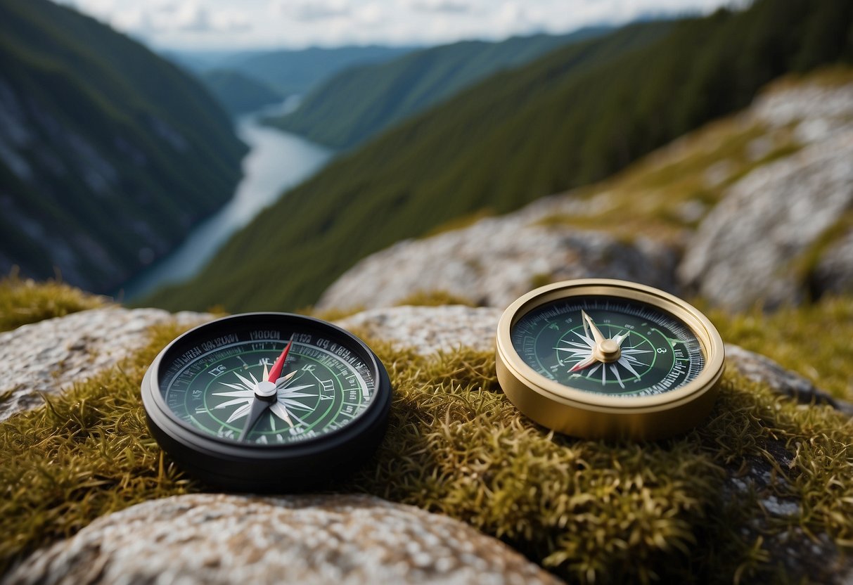 A compass and map lay on a mossy rock near a towering lighthouse. A winding trail leads through dense forest, with distant mountains in the background