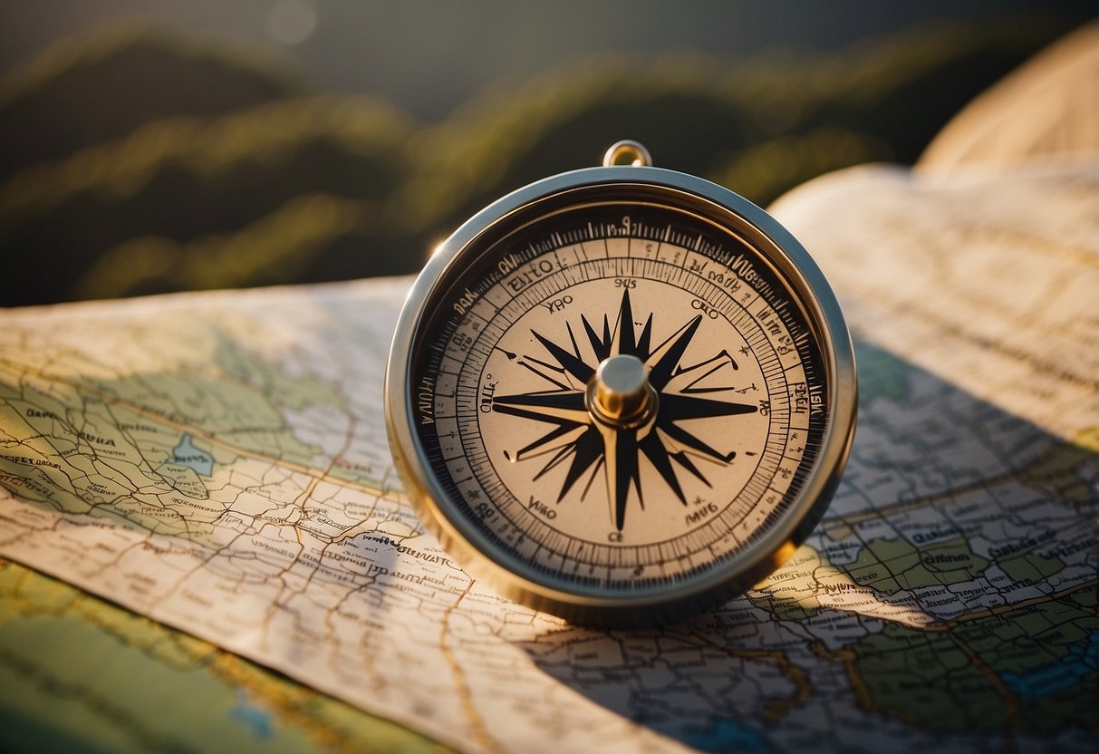 A compass resting on a detailed map, with a clear, unobstructed view of the surrounding landscape. The sun is casting shadows, indicating direction