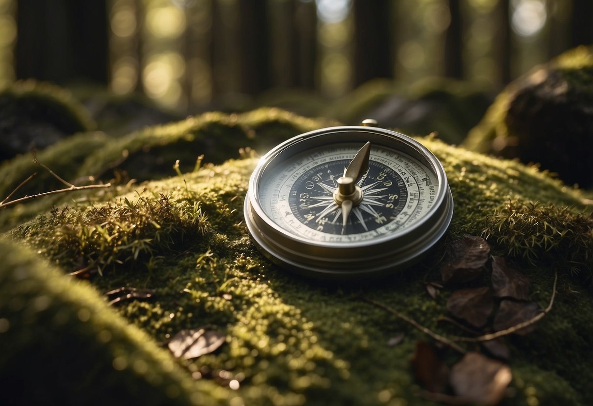 A map and compass lay on a mossy rock in a dense forest. Sunlight filters through the trees, casting dappled shadows on the ground. The compass needle points north, while the map shows a winding trail