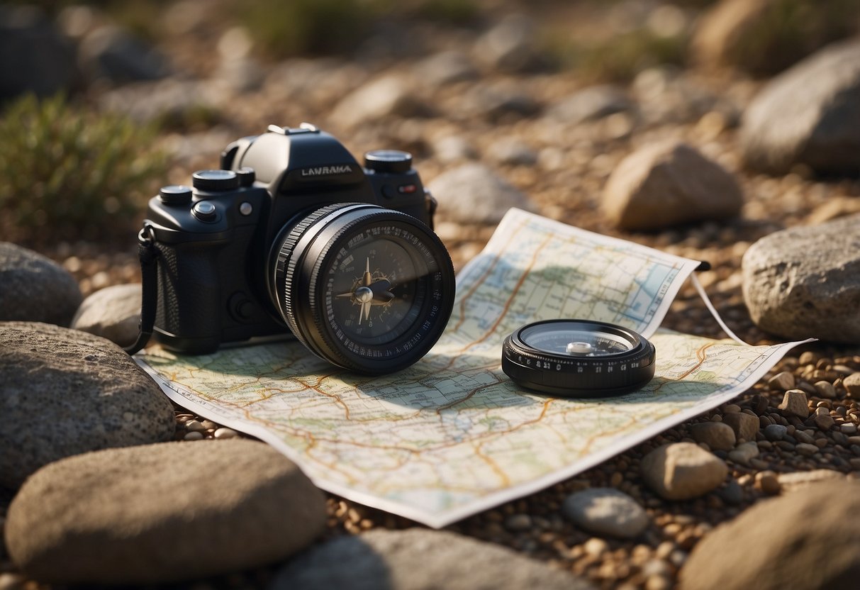 A map and compass laid out on a rocky terrain, with a camera positioned above capturing the intricate details of the tools against the natural backdrop